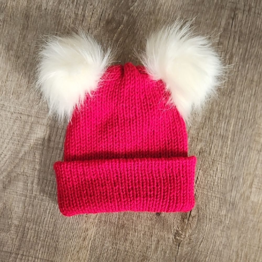 Cozy Kids Pink Knit Beanie with Fluffy White Pom-Poms